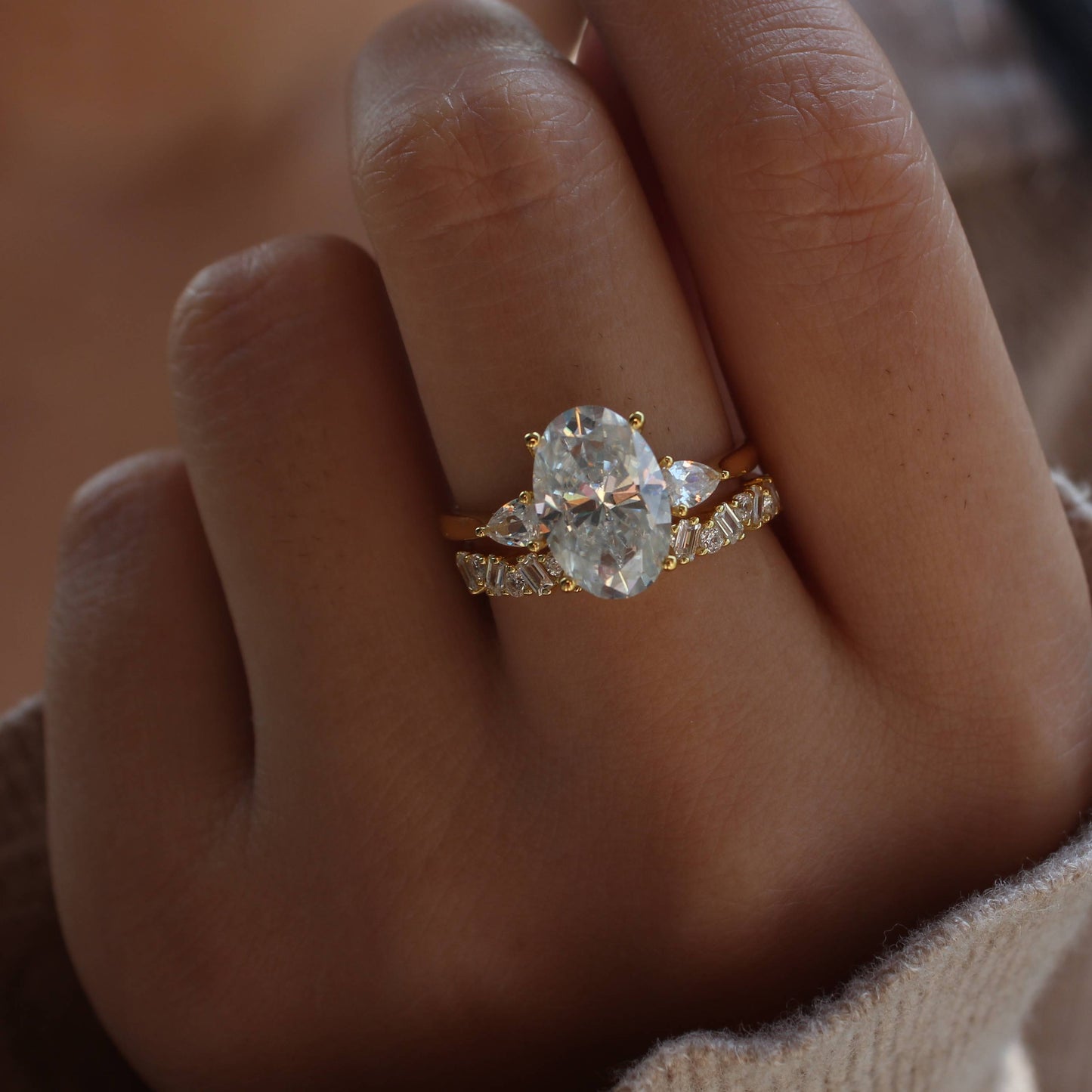 Oval Moissanite Duo Ring — Pavé Stacking Band Set