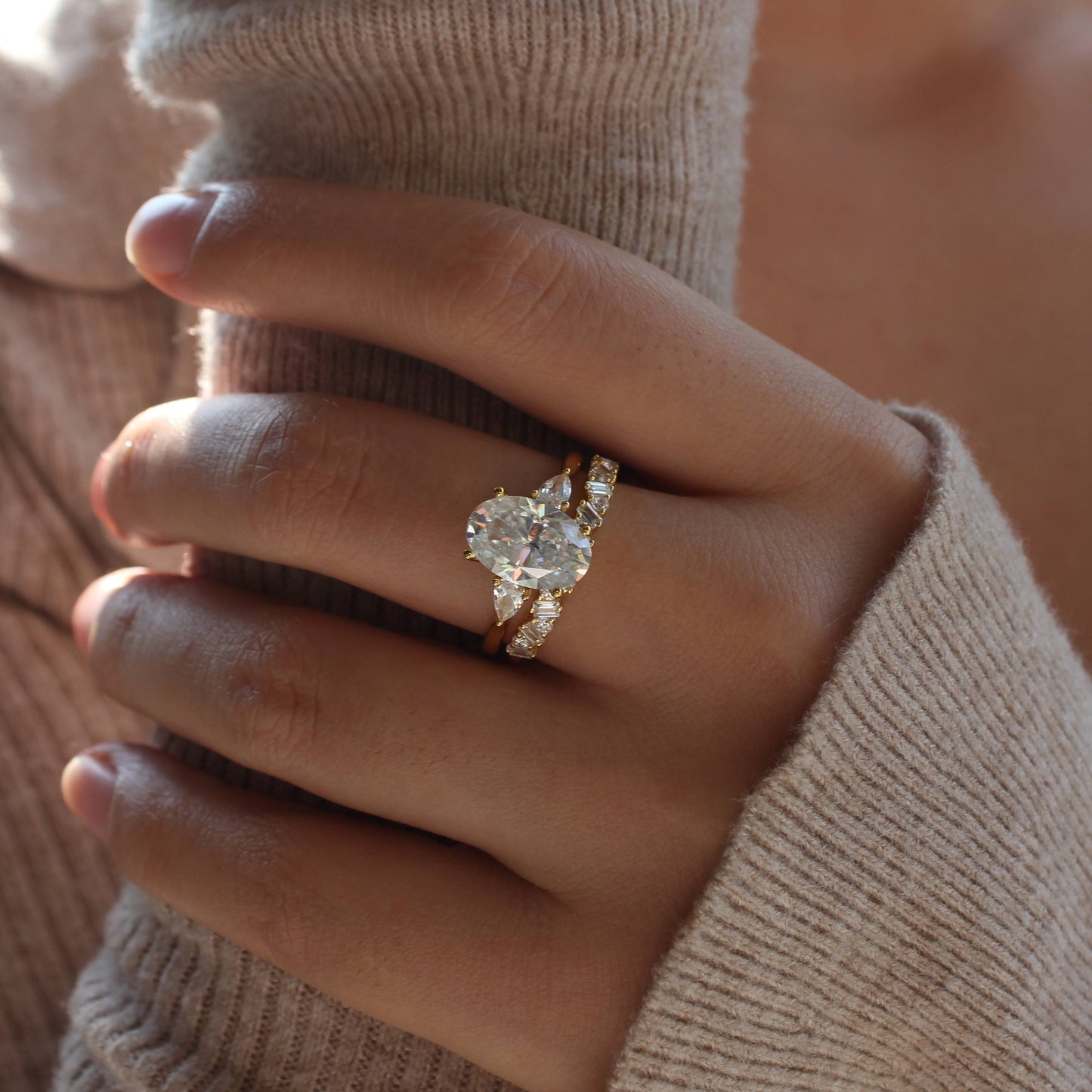 Oval Moissanite Duo Ring — Pavé Stacking Band Set