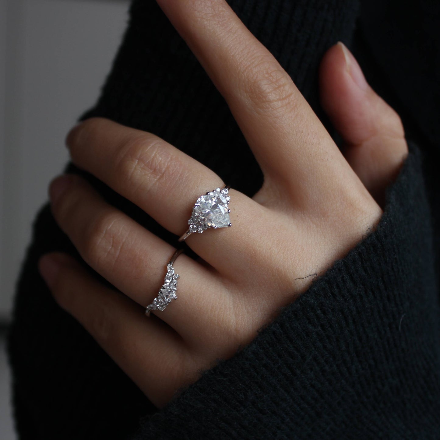 Duo Pear-Cut Moissanite Ring Set — Floral Halo Design in 925 Silver with 18K Gold Plating