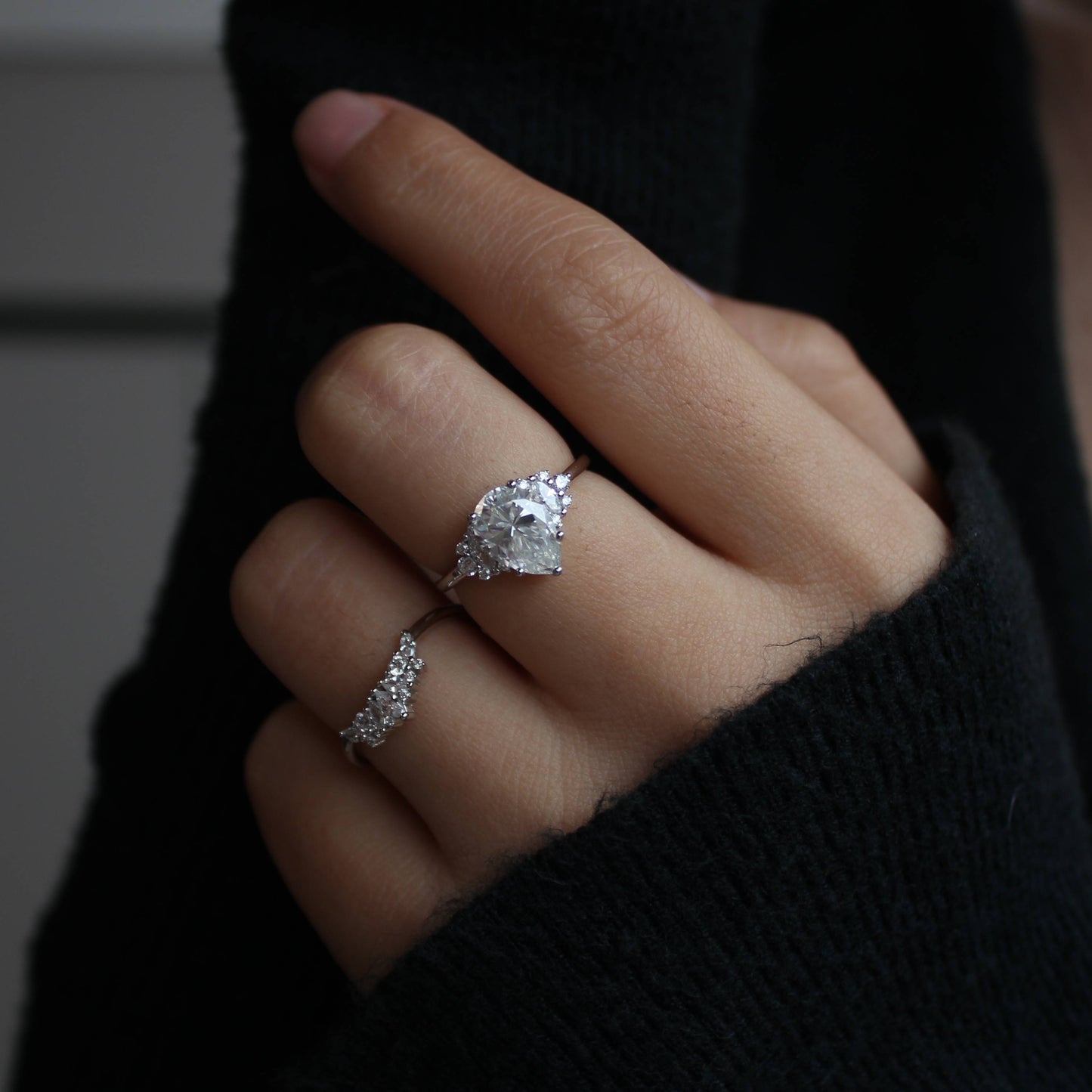 Duo Pear-Cut Moissanite Ring Set — Floral Halo Design in 925 Silver with 18K Gold Plating