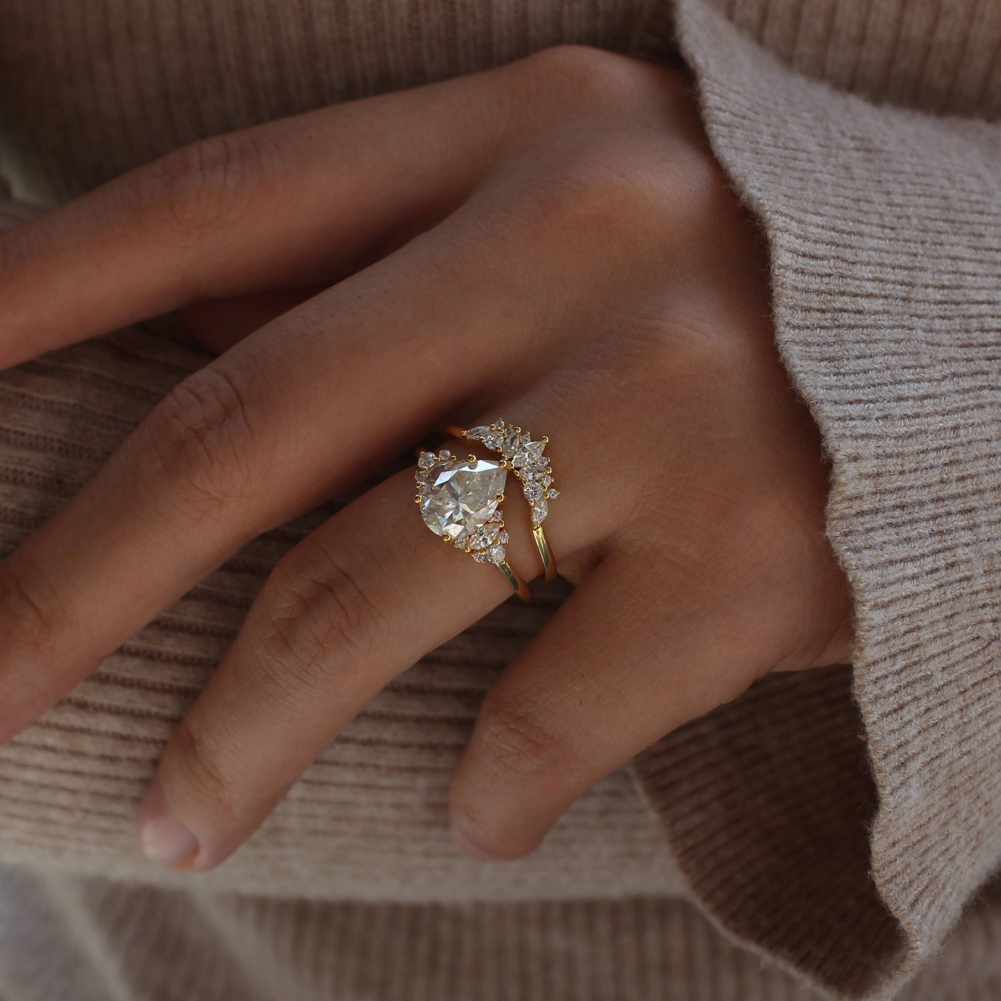 Duo Pear-Cut Moissanite Ring Set — Floral Halo Design in 925 Silver with 18K Gold Plating