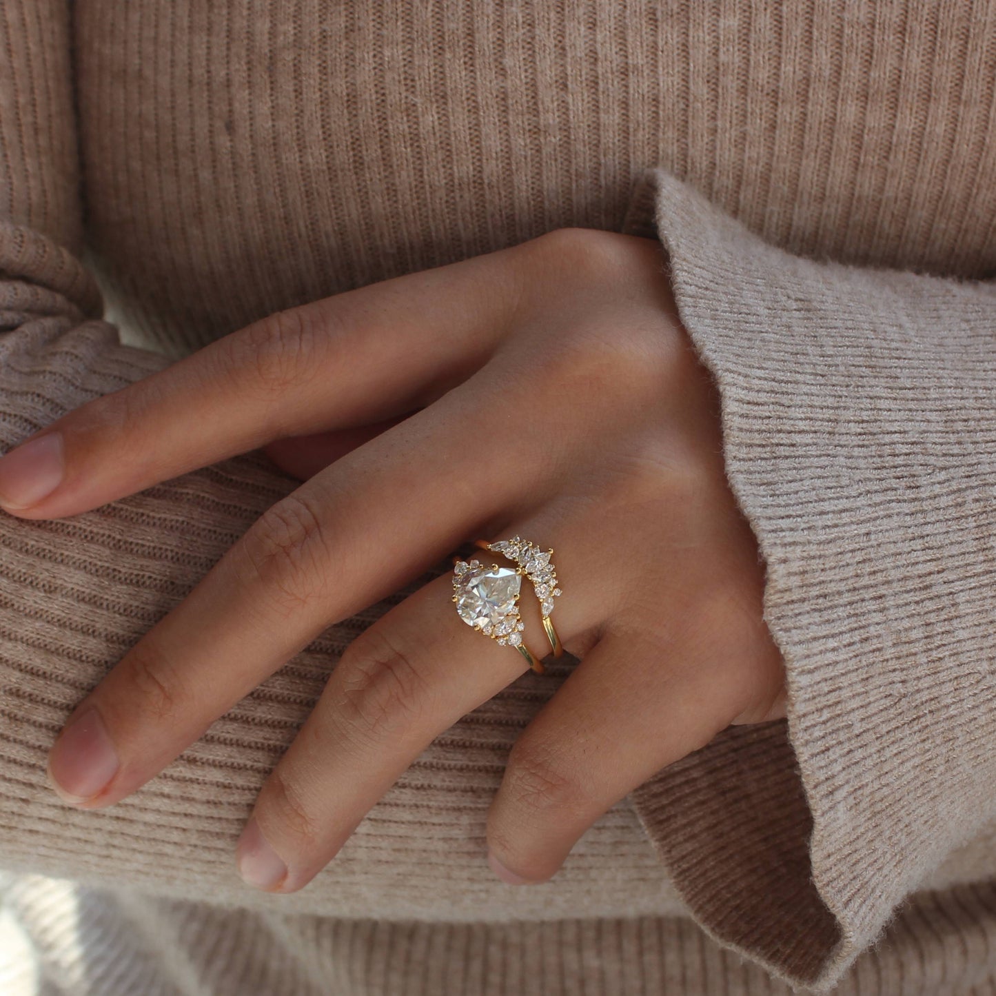 Duo Pear-Cut Moissanite Ring Set — Floral Halo Design in 925 Silver with 18K Gold Plating