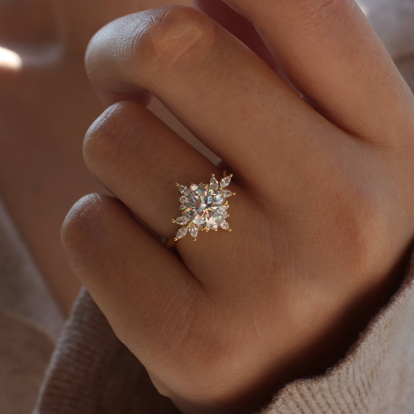 Floral Halo Moissanite Ring — 925 Silver Base with 18K Gold Plating