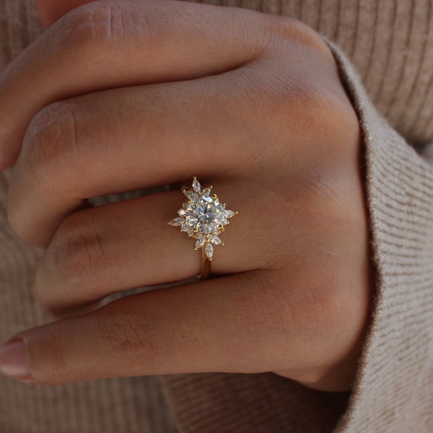 Floral Halo Moissanite Ring — 925 Silver Base with 18K Gold Plating