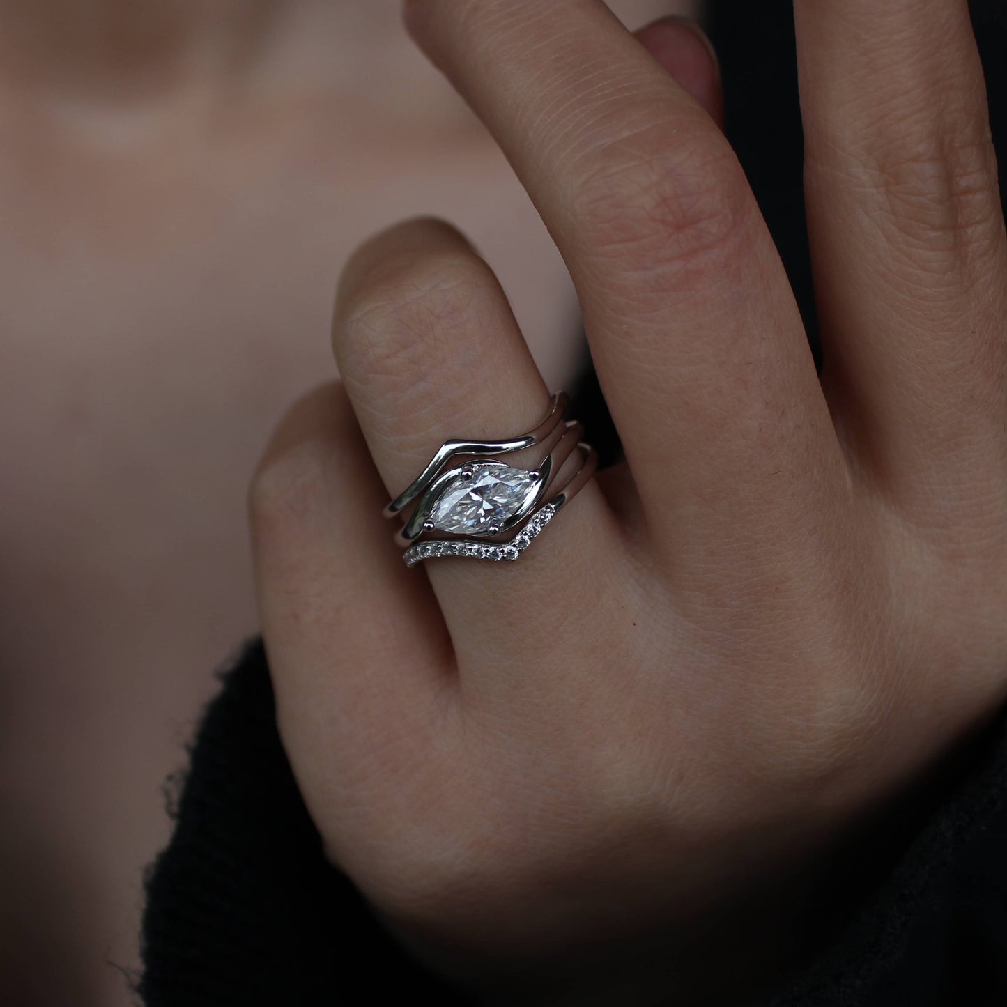 Curved Moissanite Stackable Ring Set — Triple Band Design in 925 Silver with 18K Gold Plating