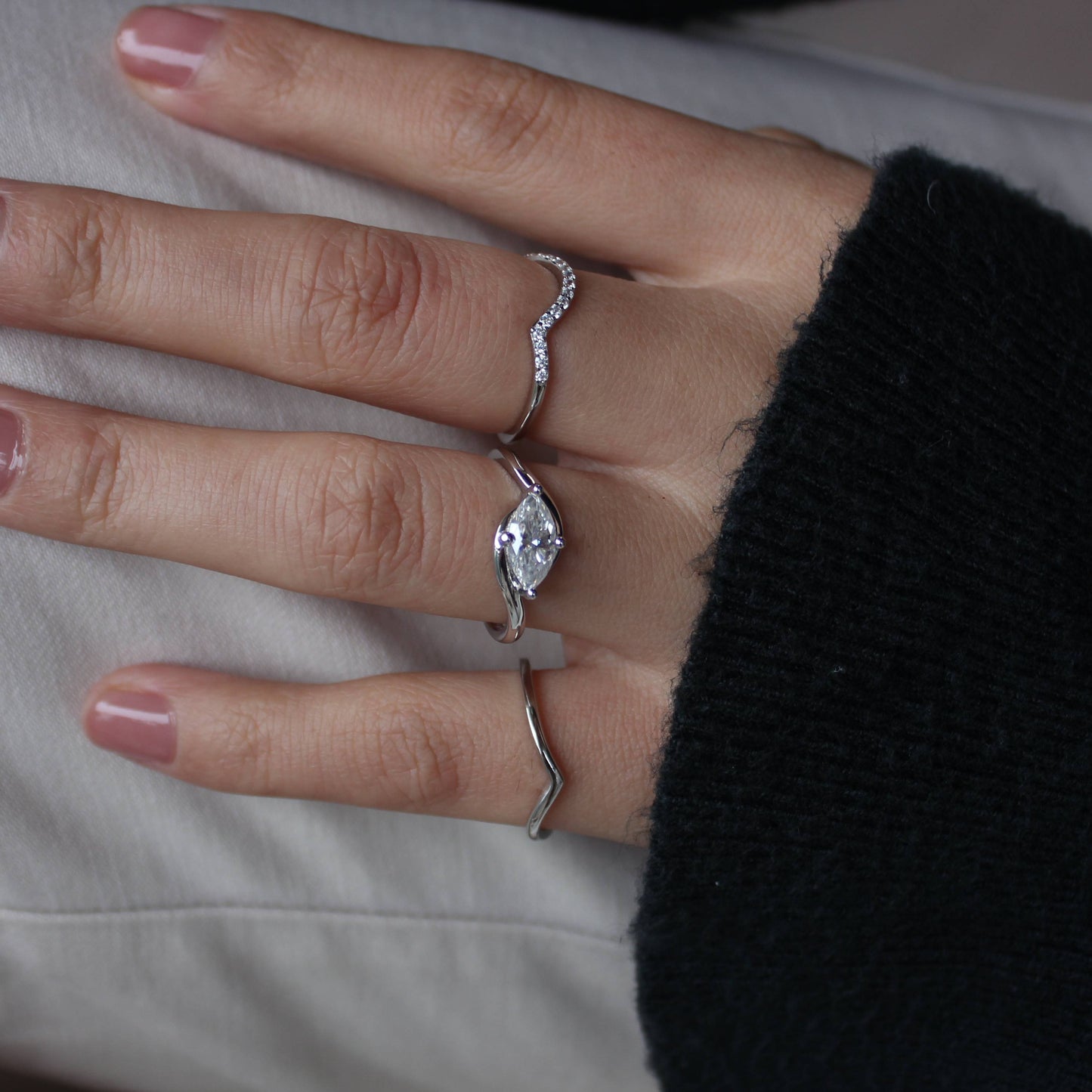 Curved Moissanite Stackable Ring Set — Triple Band Design in 925 Silver with 18K Gold Plating