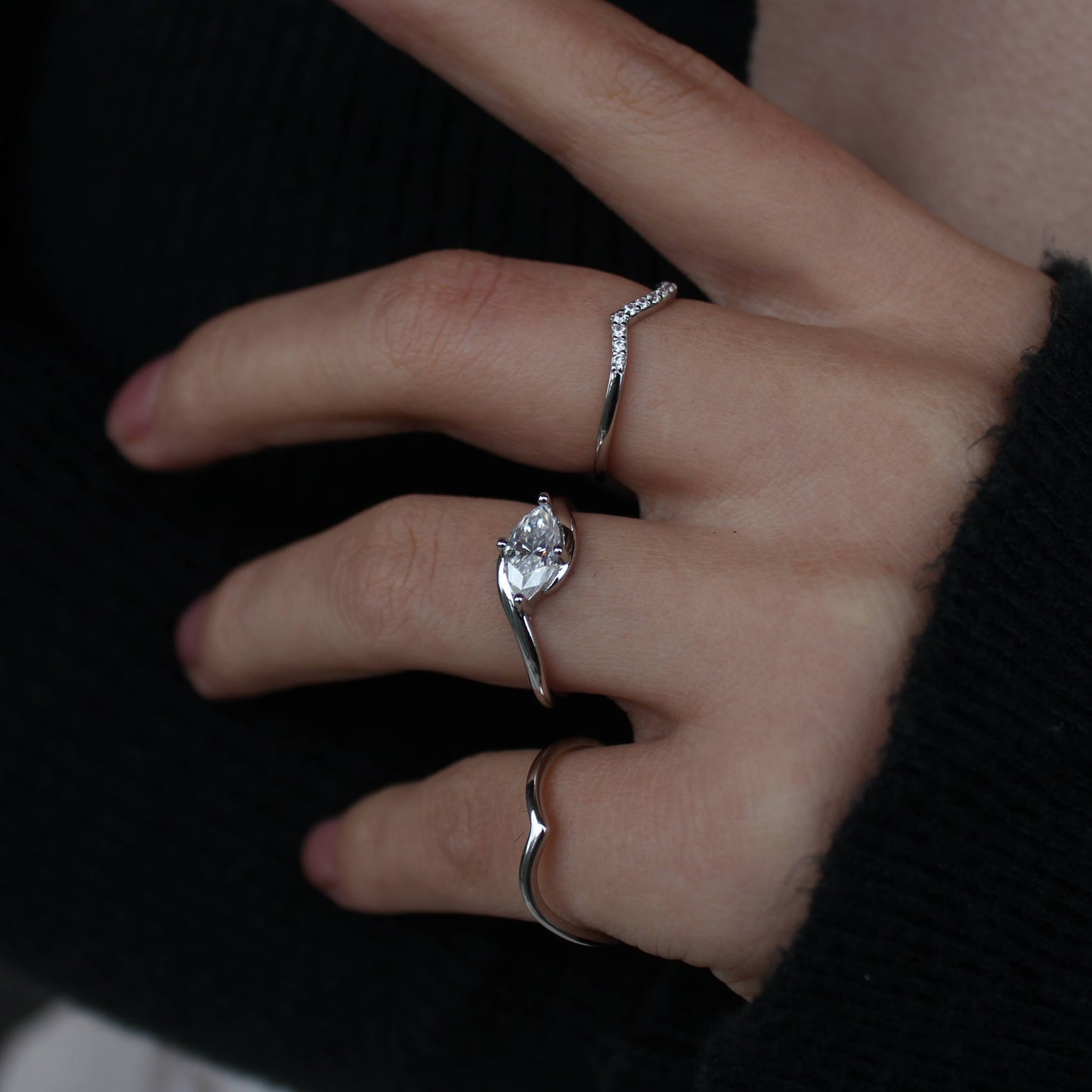 Curved Moissanite Stackable Ring Set — Triple Band Design in 925 Silver with 18K Gold Plating