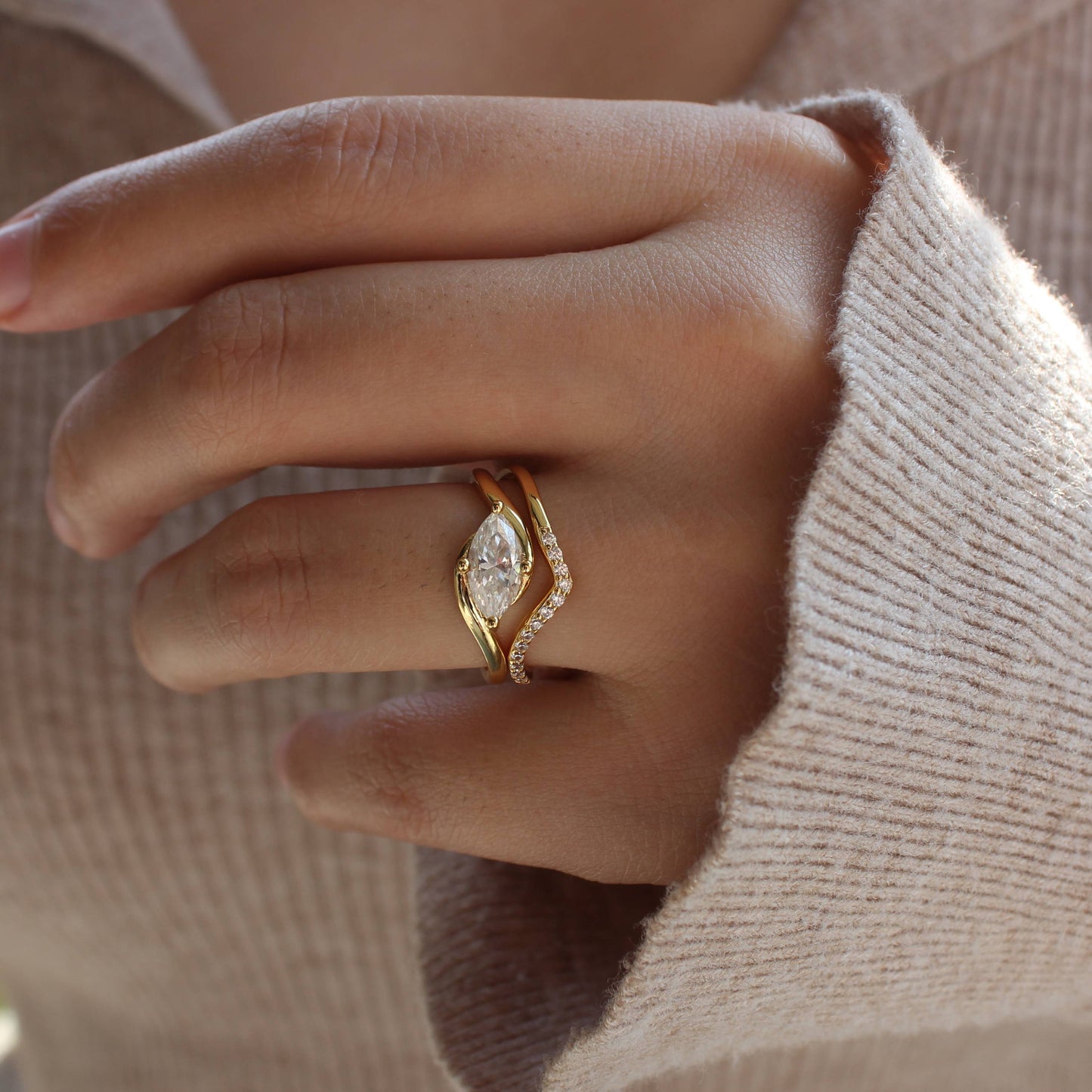 Curved Moissanite Stackable Ring Set — Triple Band Design in 925 Silver with 18K Gold Plating