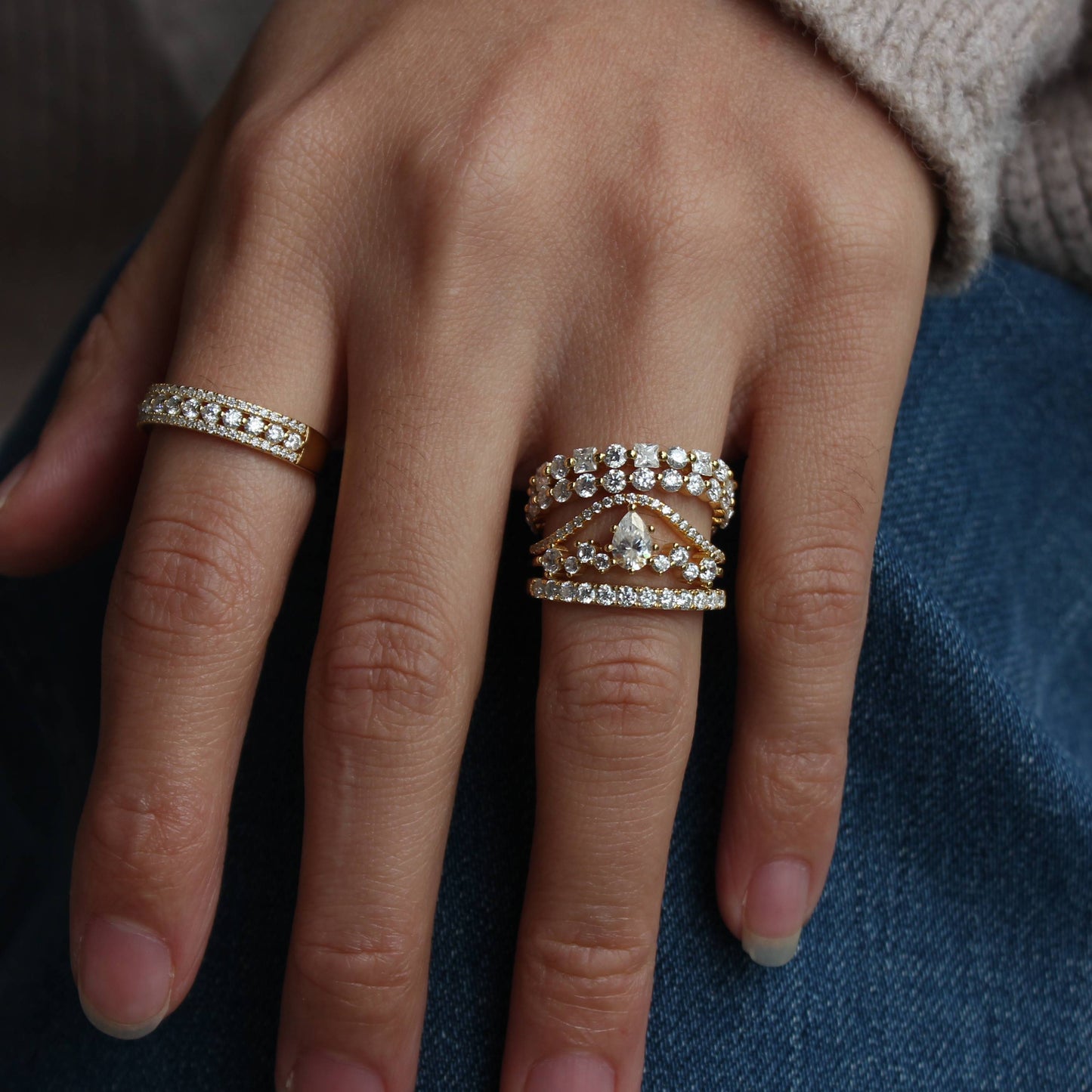 Triple Pavé Moissanite Statement Band — Wide Stacking Ring