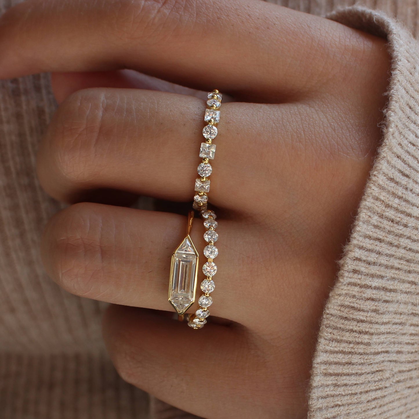 Alternating Moissanite Eternity Band in 925 Silver with 18K White Gold Plating