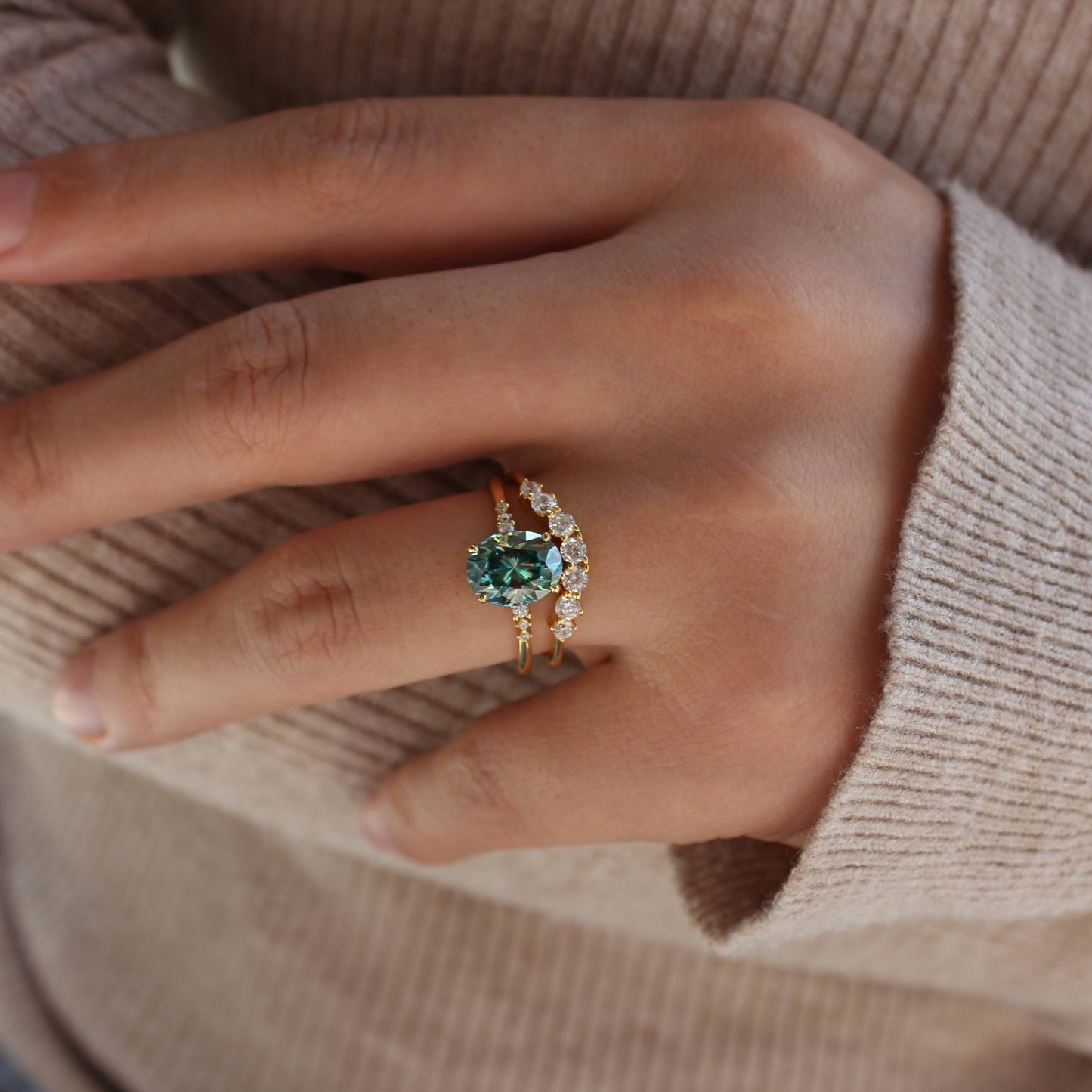 Oval Moissanite Statement Stackable Ring Set – 925 Silver with 18K Yellow Gold Plating