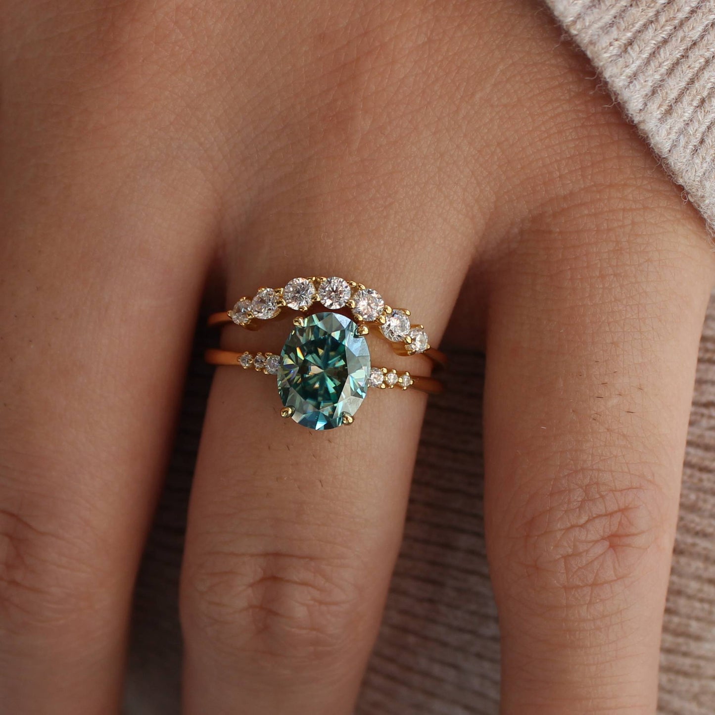 Oval Moissanite Statement Stackable Ring Set – 925 Silver with 18K Yellow Gold Plating