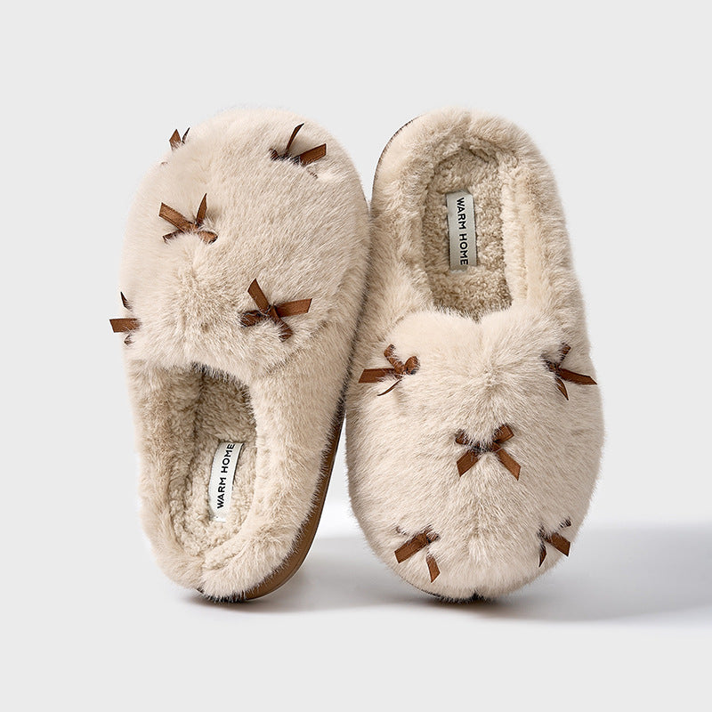 Winter Warm Fuzzy Slippers Soft Comfy Indoor House Shoes– Slip-On / Full-Back Options, Cozy Plush Bow Design, Anti-Slip Sole