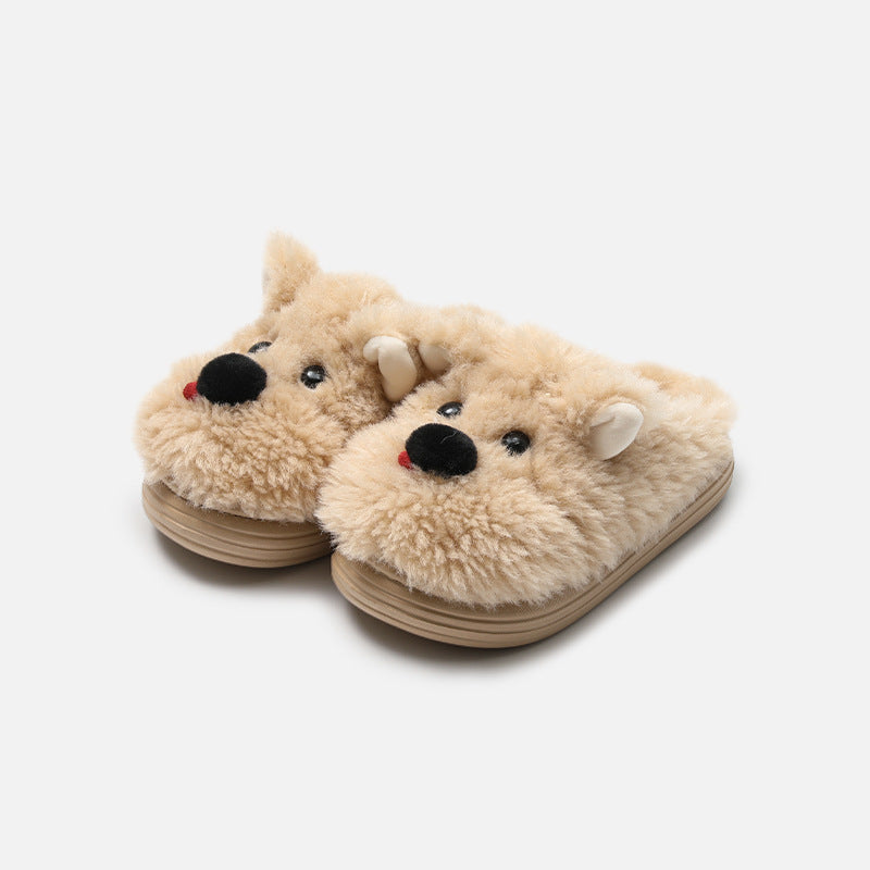 Cute Puppy Plush Slippers – Soft Furry Animal House Shoes, Warm Winter Cozy Slip-On Slippers for Women
