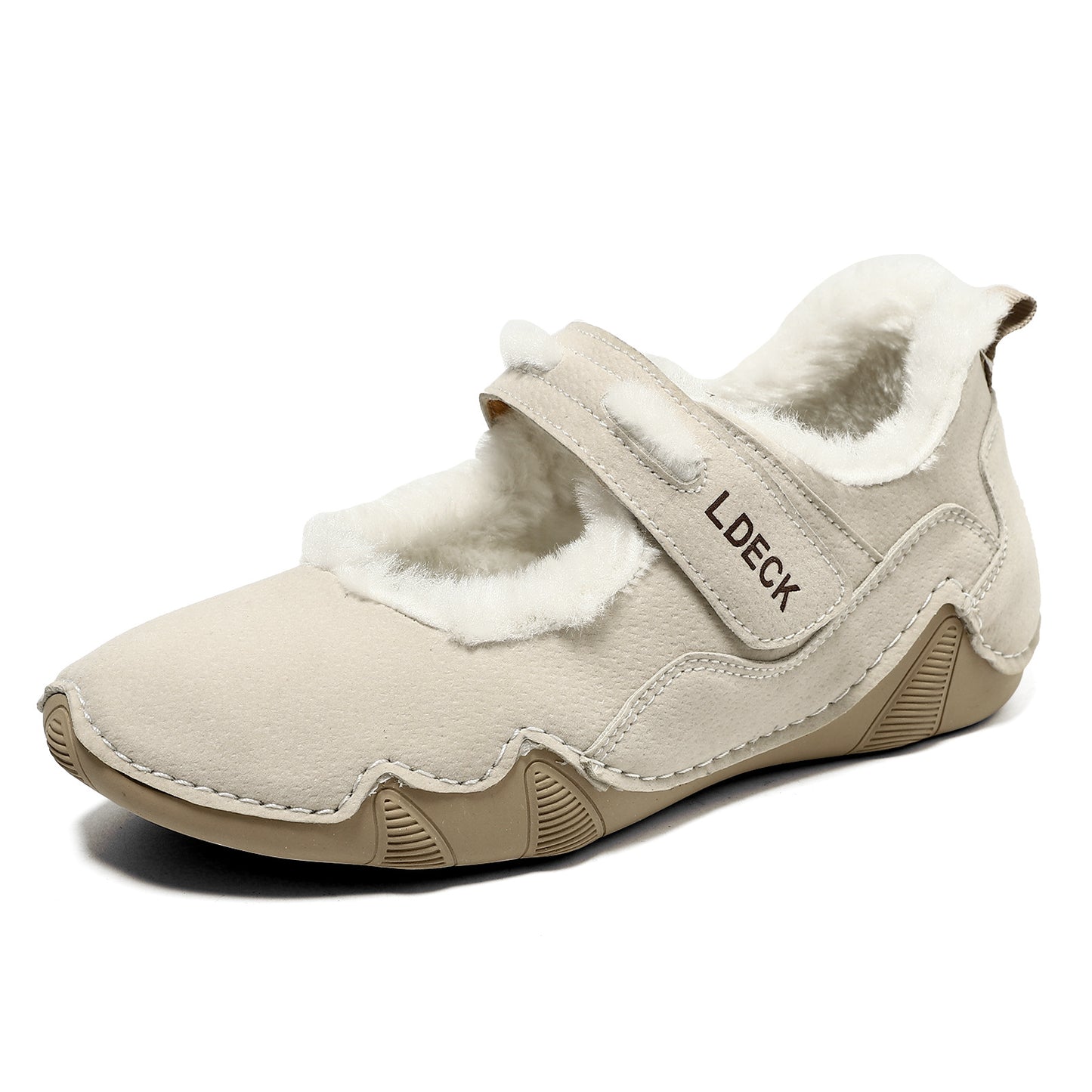 Beige shoe with white fur lining on a white background