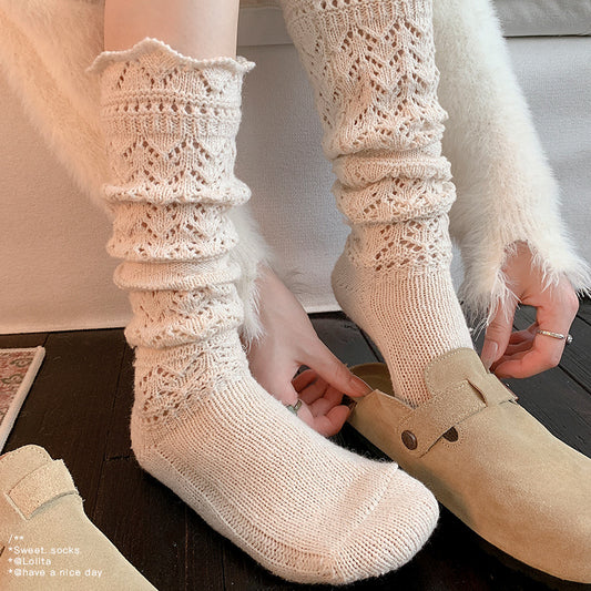 Women’s Knitted Slouch Calf Socks – Vintage Hollow Knit Warm Winter Socks | Soft Cotton Mid-Calf Socks for Boots