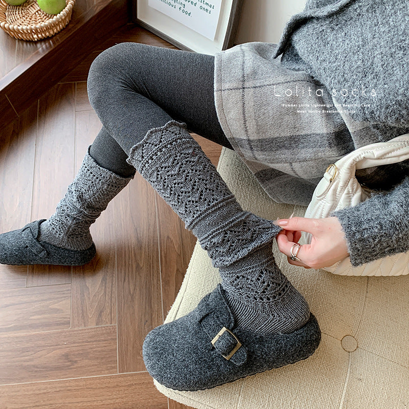 Women’s Knitted Slouch Calf Socks – Vintage Hollow Knit Warm Winter Socks | Soft Cotton Mid-Calf Socks for Boots