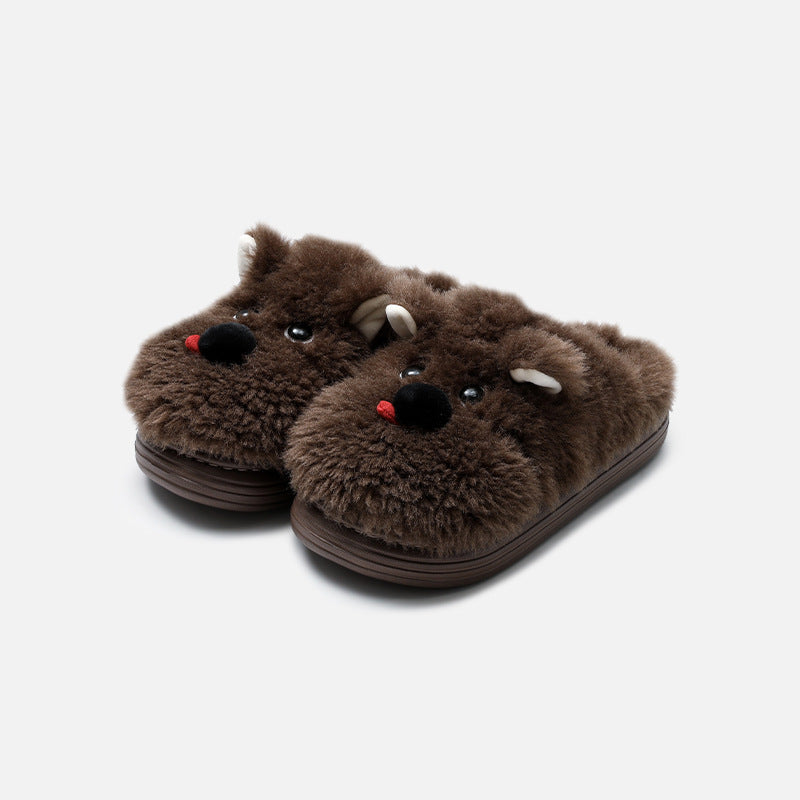 Cute Puppy Plush Slippers – Soft Furry Animal House Shoes, Warm Winter Cozy Slip-On Slippers for Women