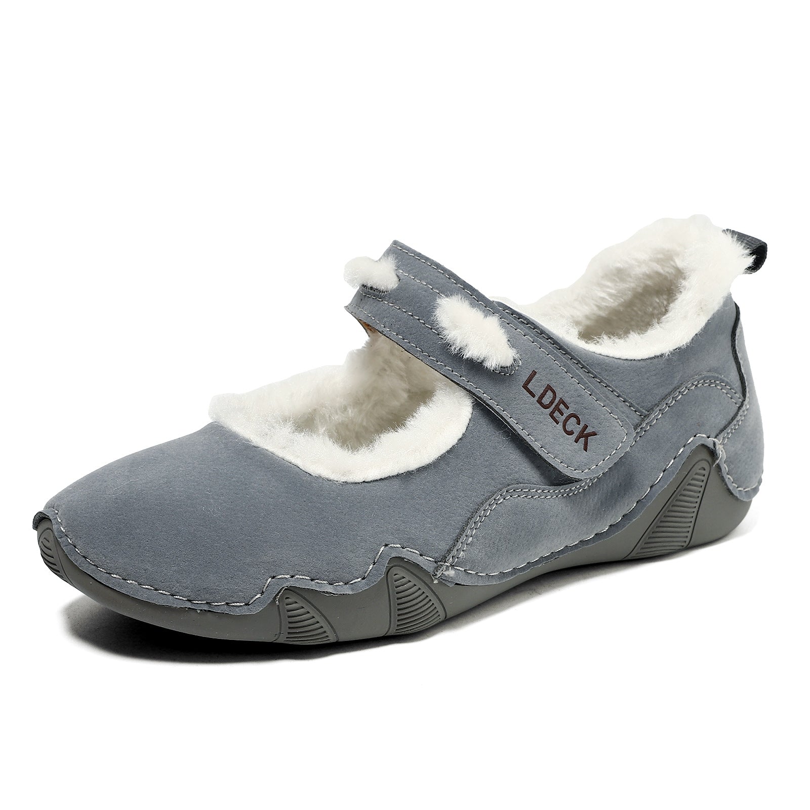 Gray shoe with white fur lining on a white background