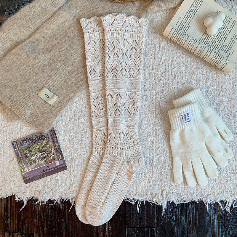 Women’s Knitted Slouch Calf Socks – Vintage Hollow Knit Warm Winter Socks | Soft Cotton Mid-Calf Socks for Boots