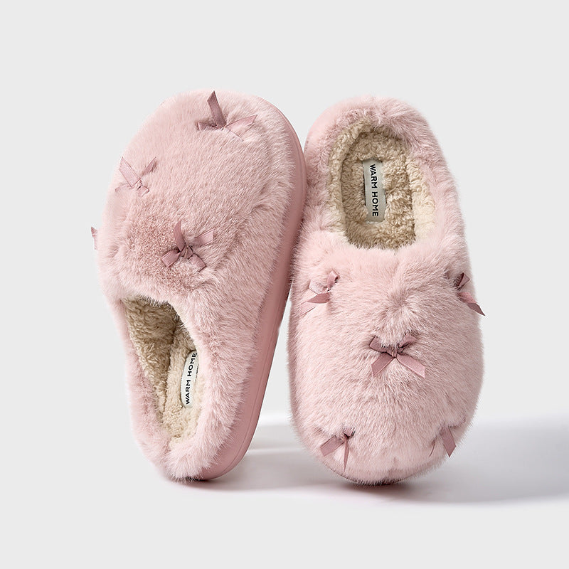 Winter Warm Fuzzy Slippers Soft Comfy Indoor House Shoes– Slip-On / Full-Back Options, Cozy Plush Bow Design, Anti-Slip Sole