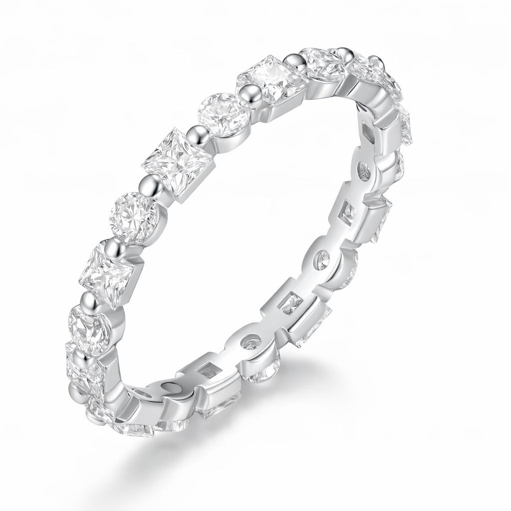 Angled view of alternating moissanite eternity band showing stone details