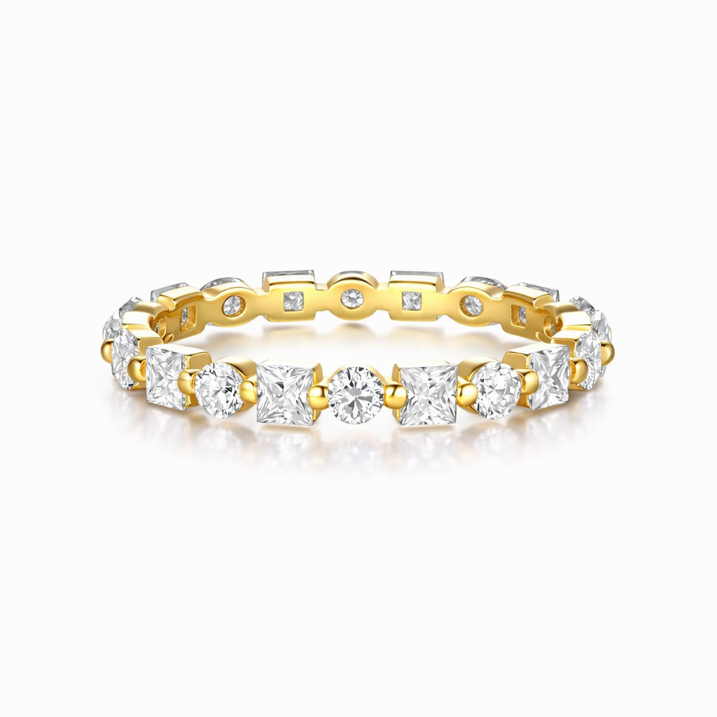 Side view of alternating moissanite eternity band in 18K gold plated sterling silver