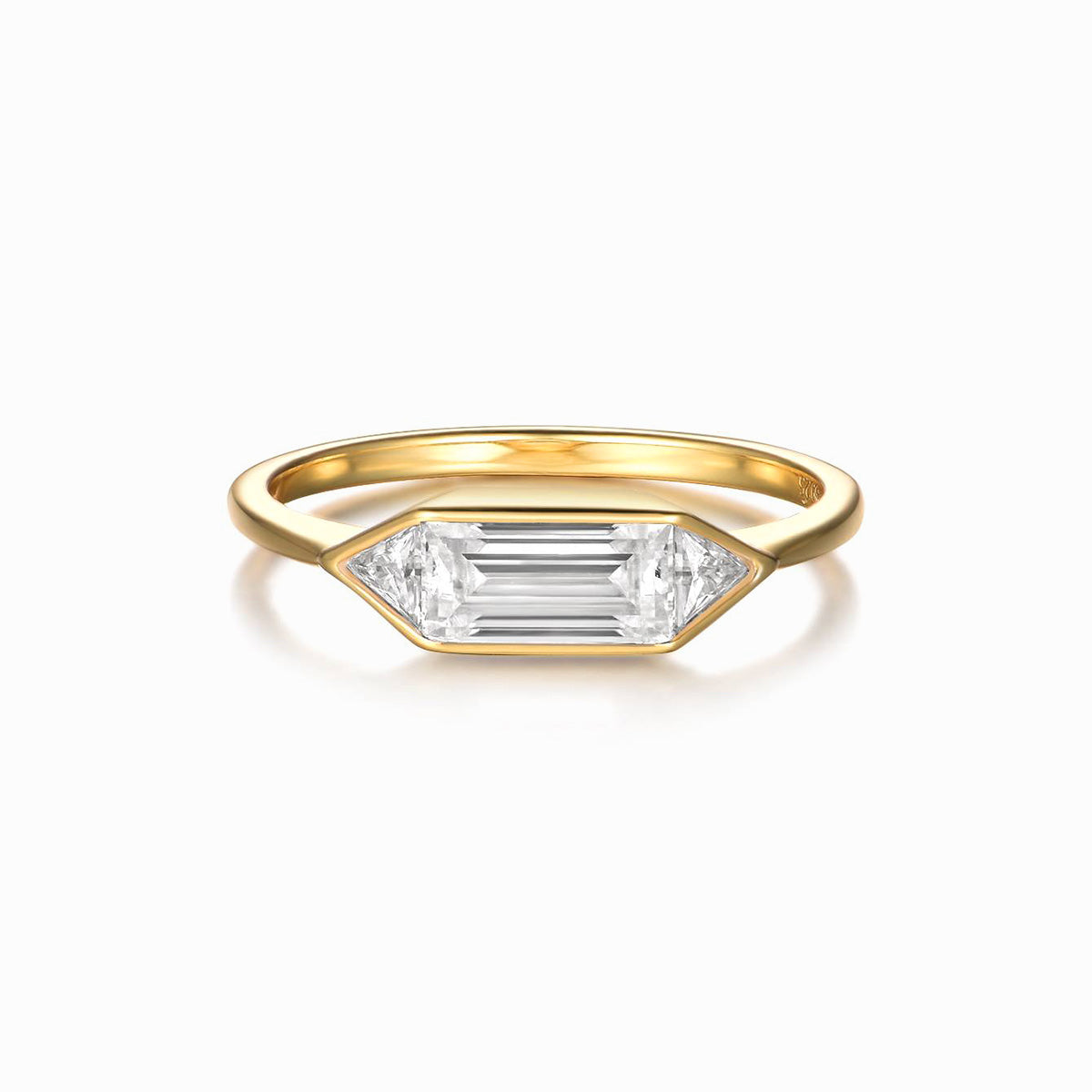 Arden emerald bezel moissanite ring in 18K gold plated sterling silver on white background