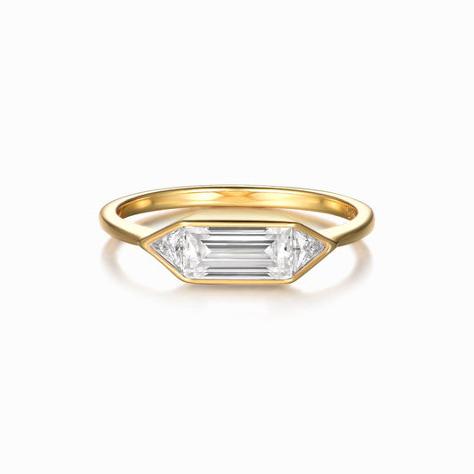 Arden emerald bezel moissanite ring in 18K gold plated sterling silver on white background