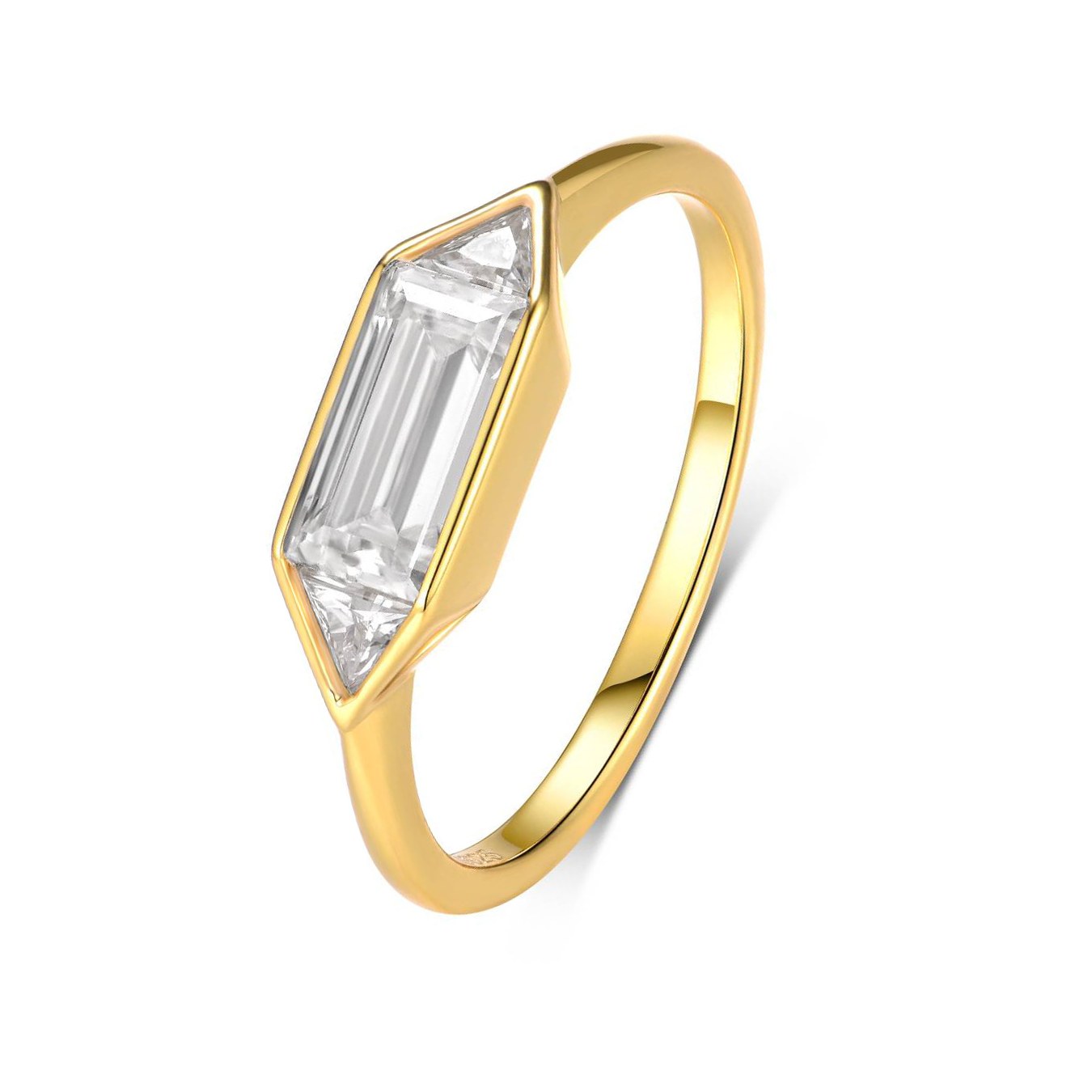 Emerald cut moissanite bezel ring in 18K gold plated sterling silver, angled view