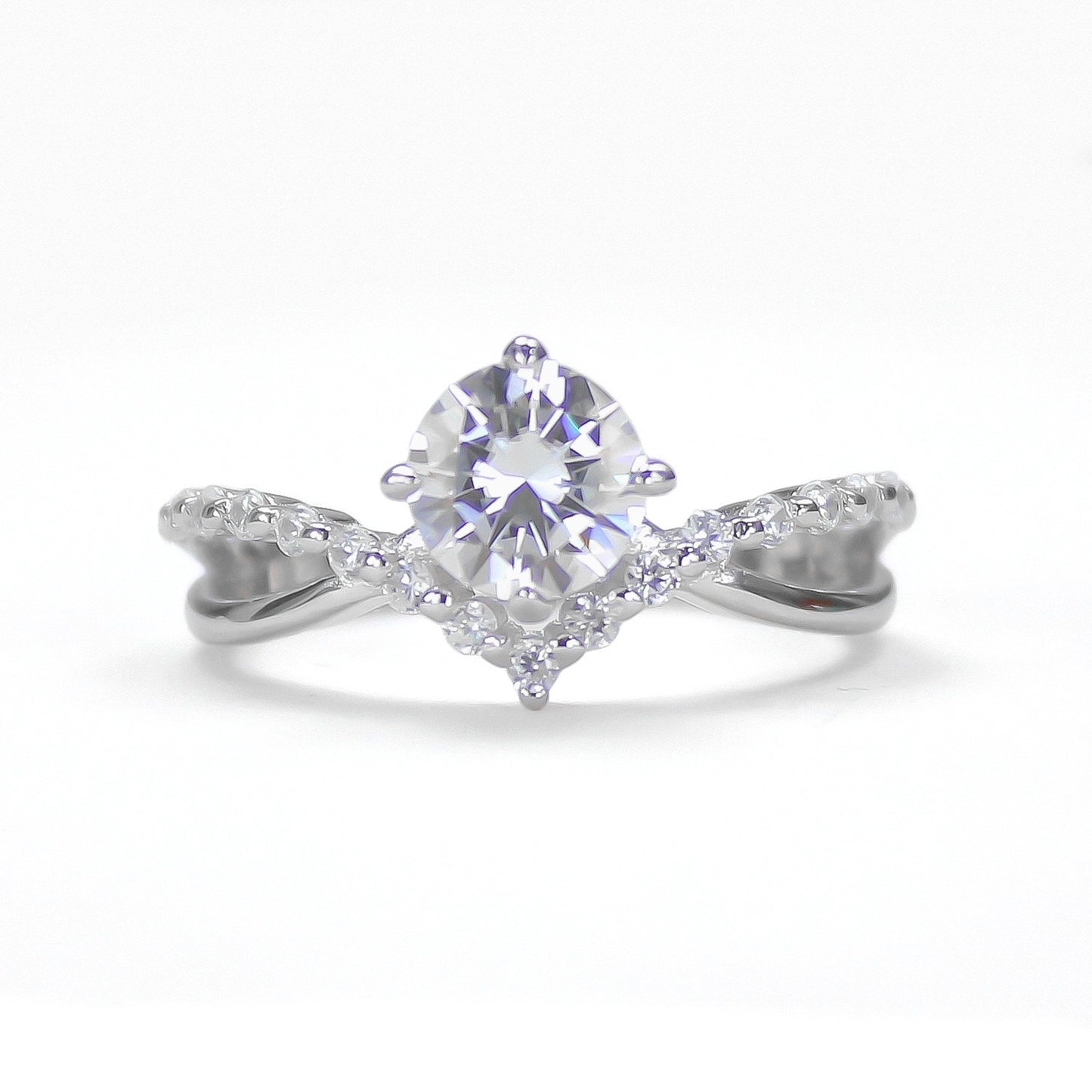 Auriel curved moissanite ring in 18K gold plated sterling silver, front view on white background