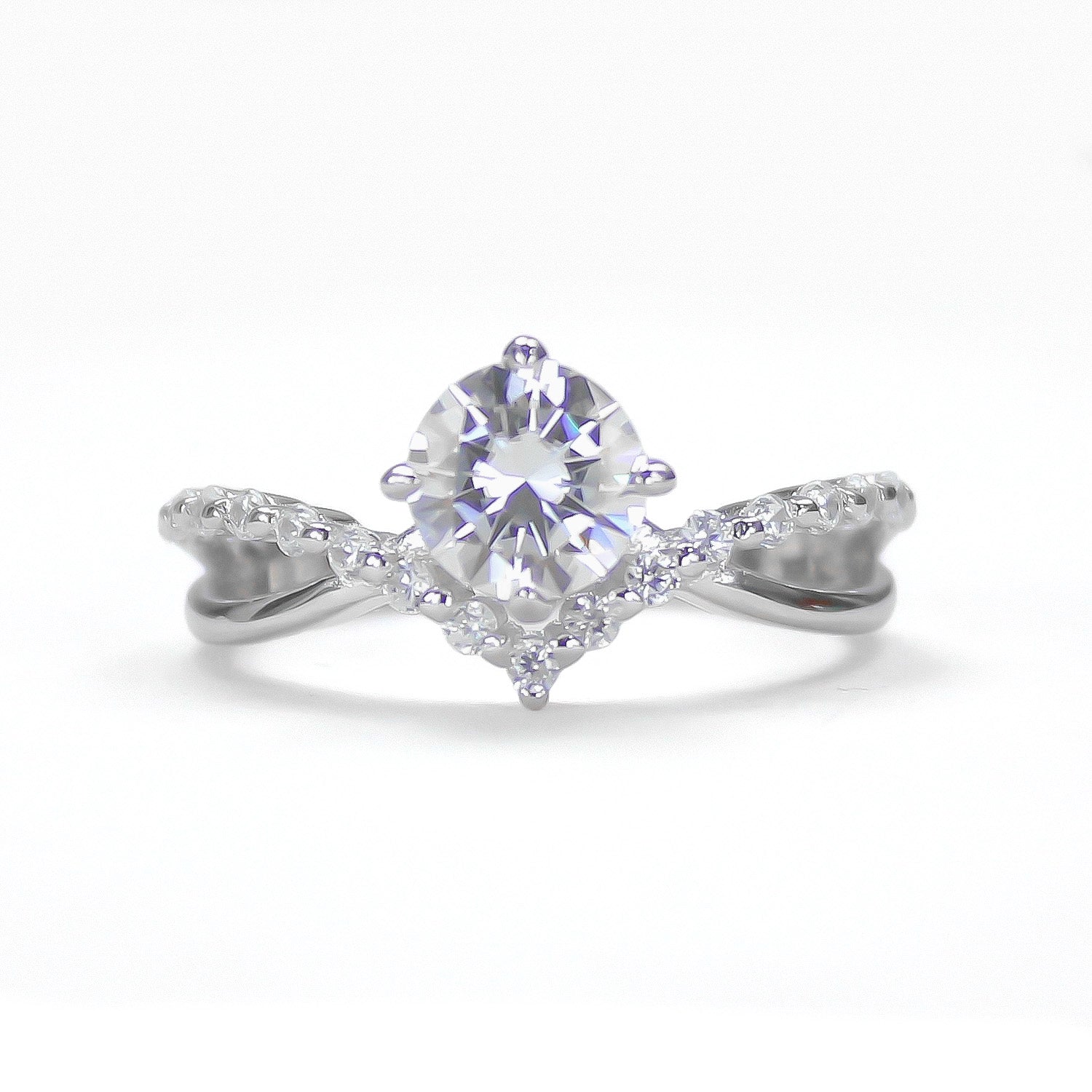 Auriel curved moissanite ring in 18K gold plated sterling silver, front view on white background