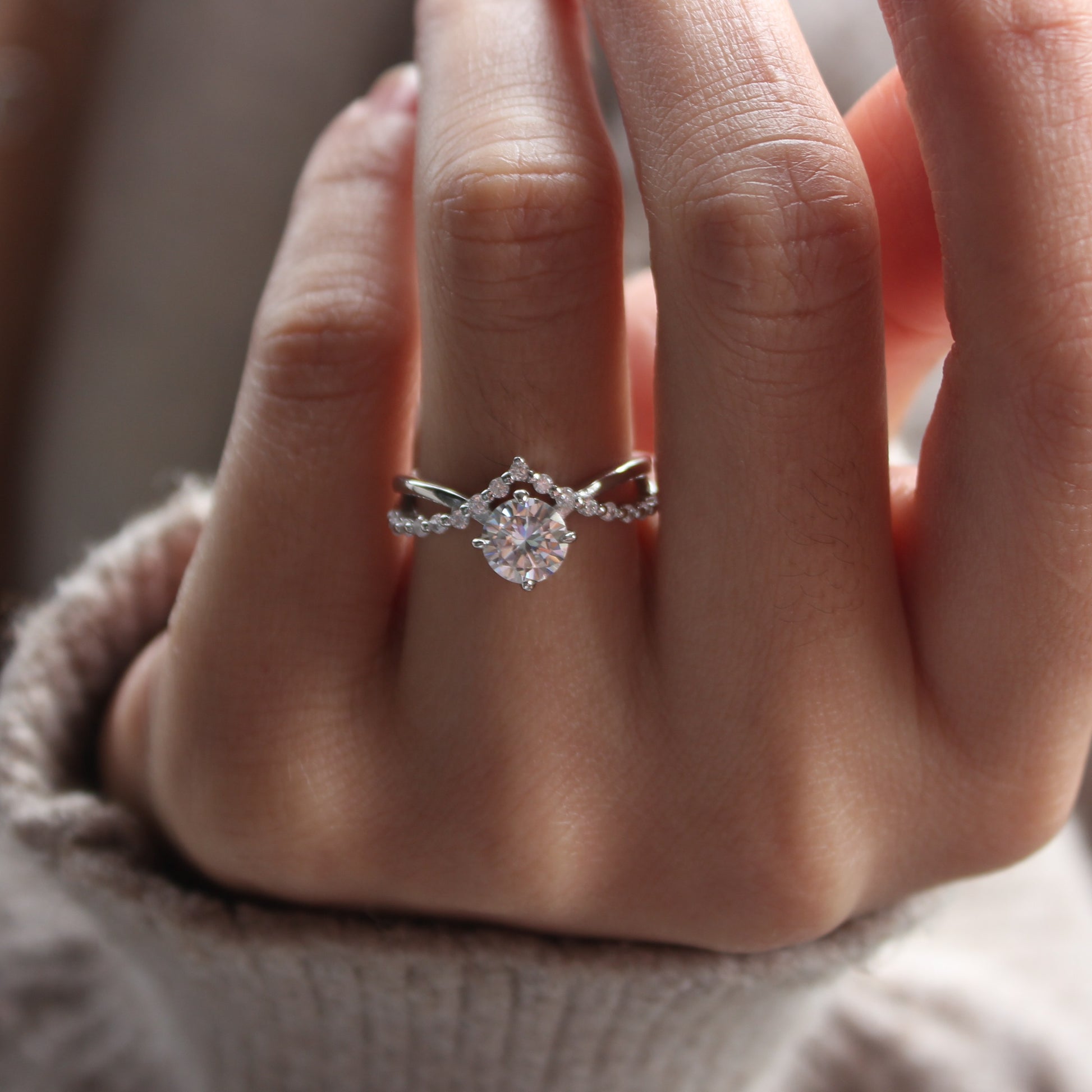 Stacking look with Auriel curved moissanite ring in white gold tone