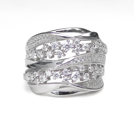 Front view of Aurora pavé moissanite band ring in 18K gold plated sterling silver on clean white background