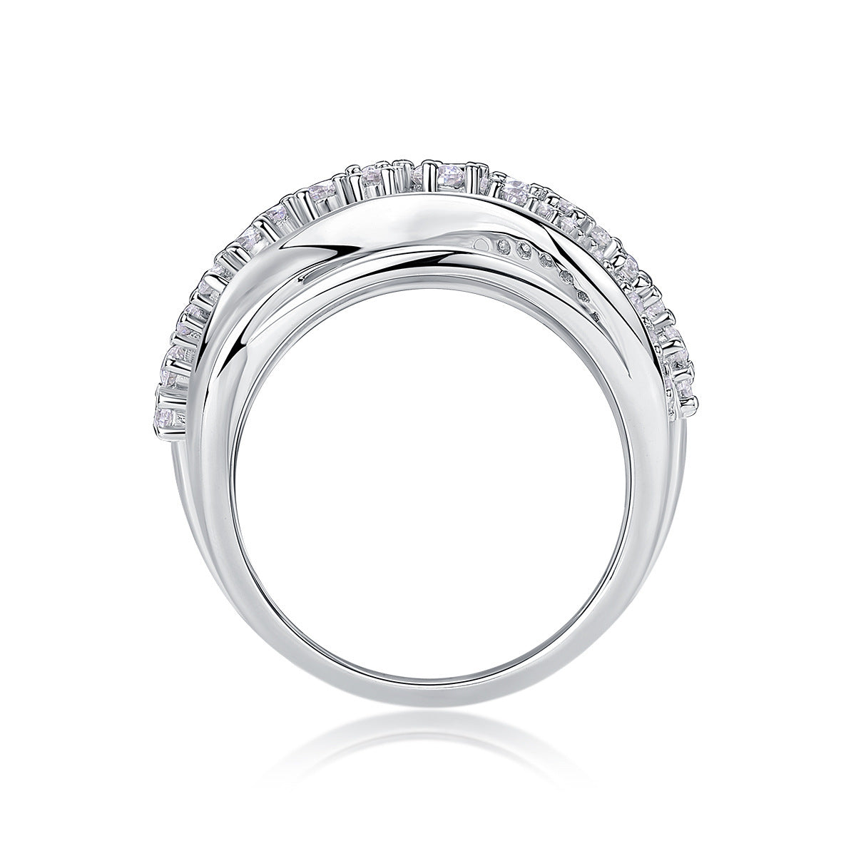 Vertical side view of Aurora pavé moissanite band ring on clean white background