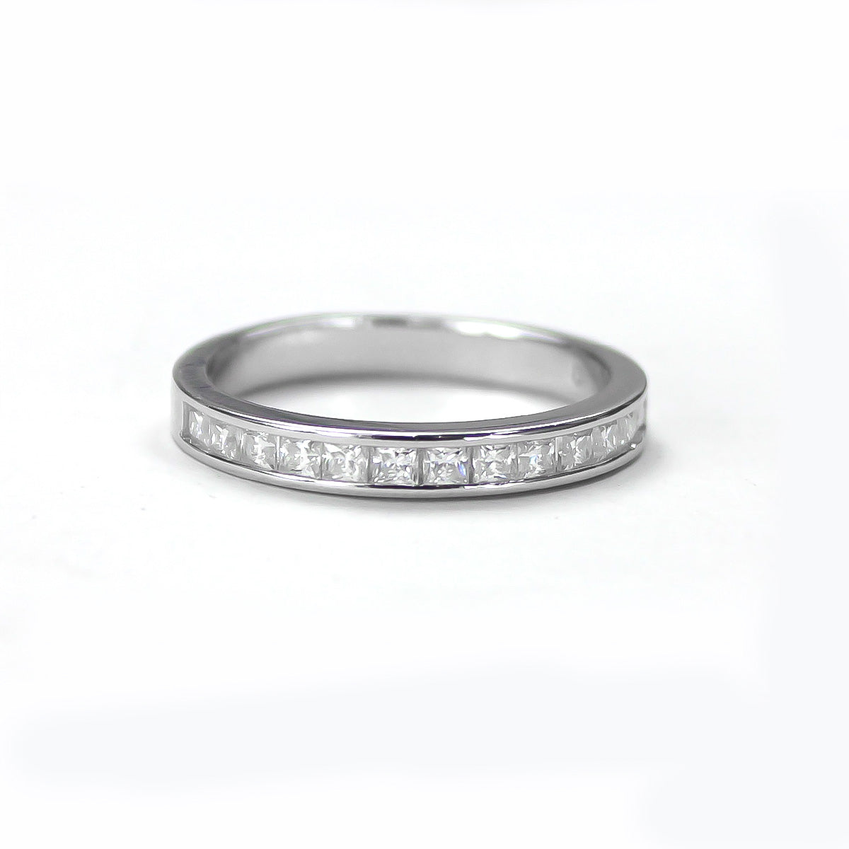 Front view of baguette channel moissanite ring in 18K gold plated sterling silver