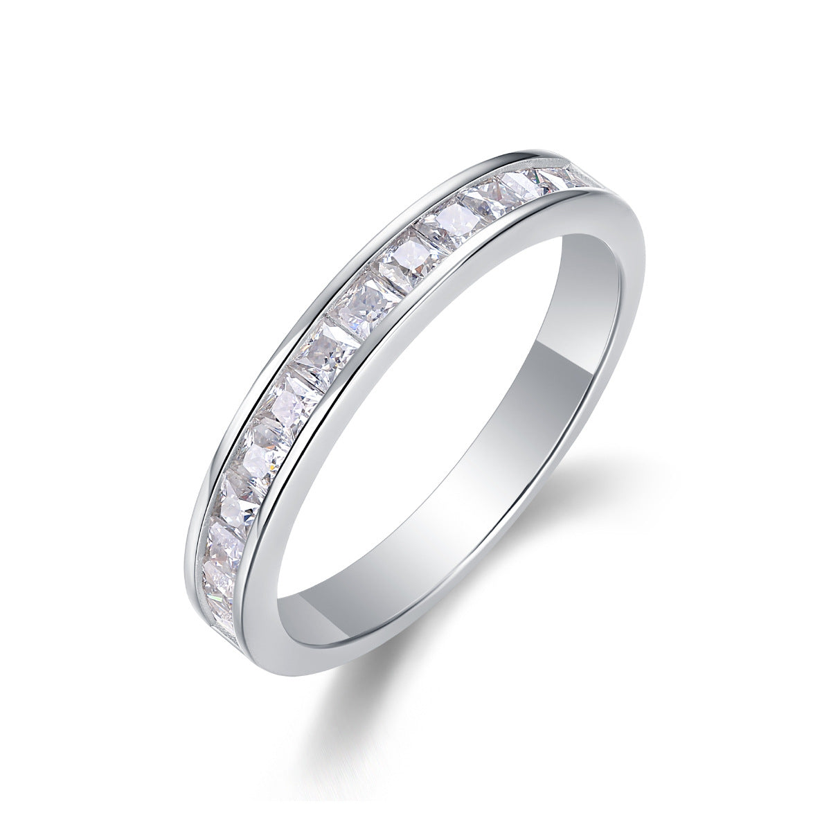 Baguette channel moissanite ring in 18K gold plated sterling silver, vertical angled view