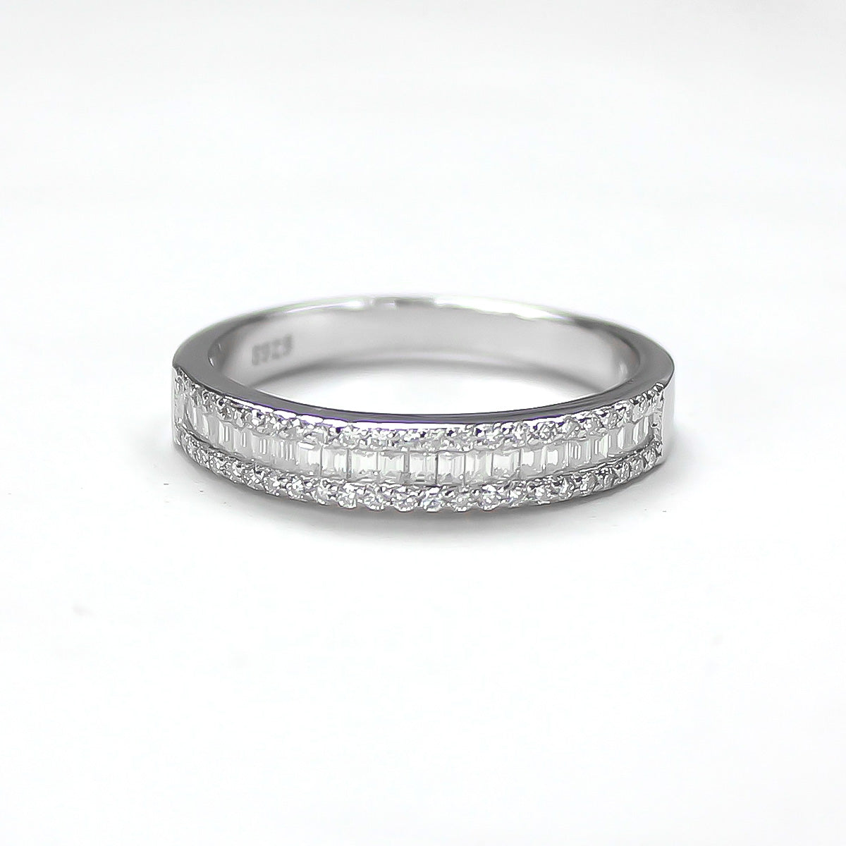 Baguette pavé moissanite band ring in 18K gold plated sterling silver, front view on white background