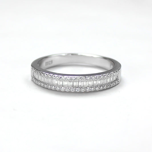 Baguette pavé moissanite band ring in 18K gold plated sterling silver, front view on white background