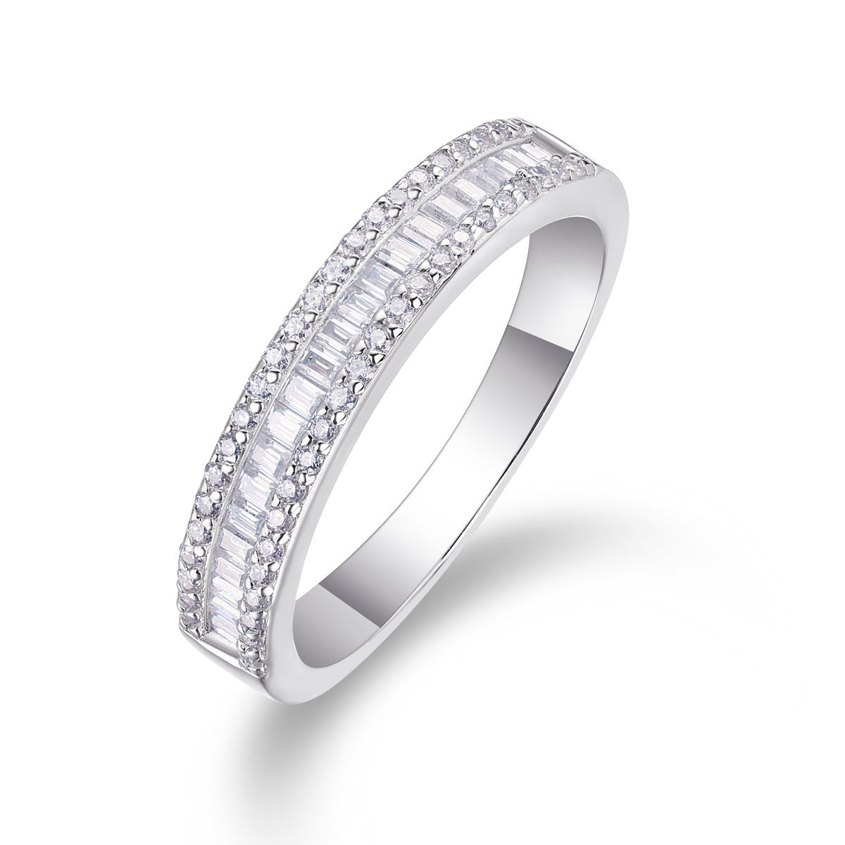 Baguette pavé moissanite band ring in 18K gold plated sterling silver, vertical angled view