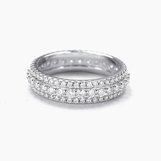 Celeste triple row pavé band ring in 18K white gold plated sterling silver on white background