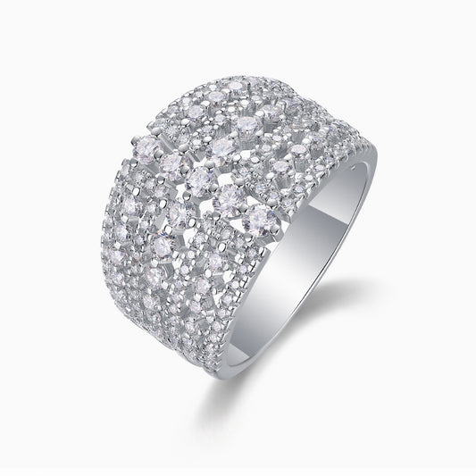 Celeste wide pavé moissanite ring in 18K gold plated sterling silver on white background