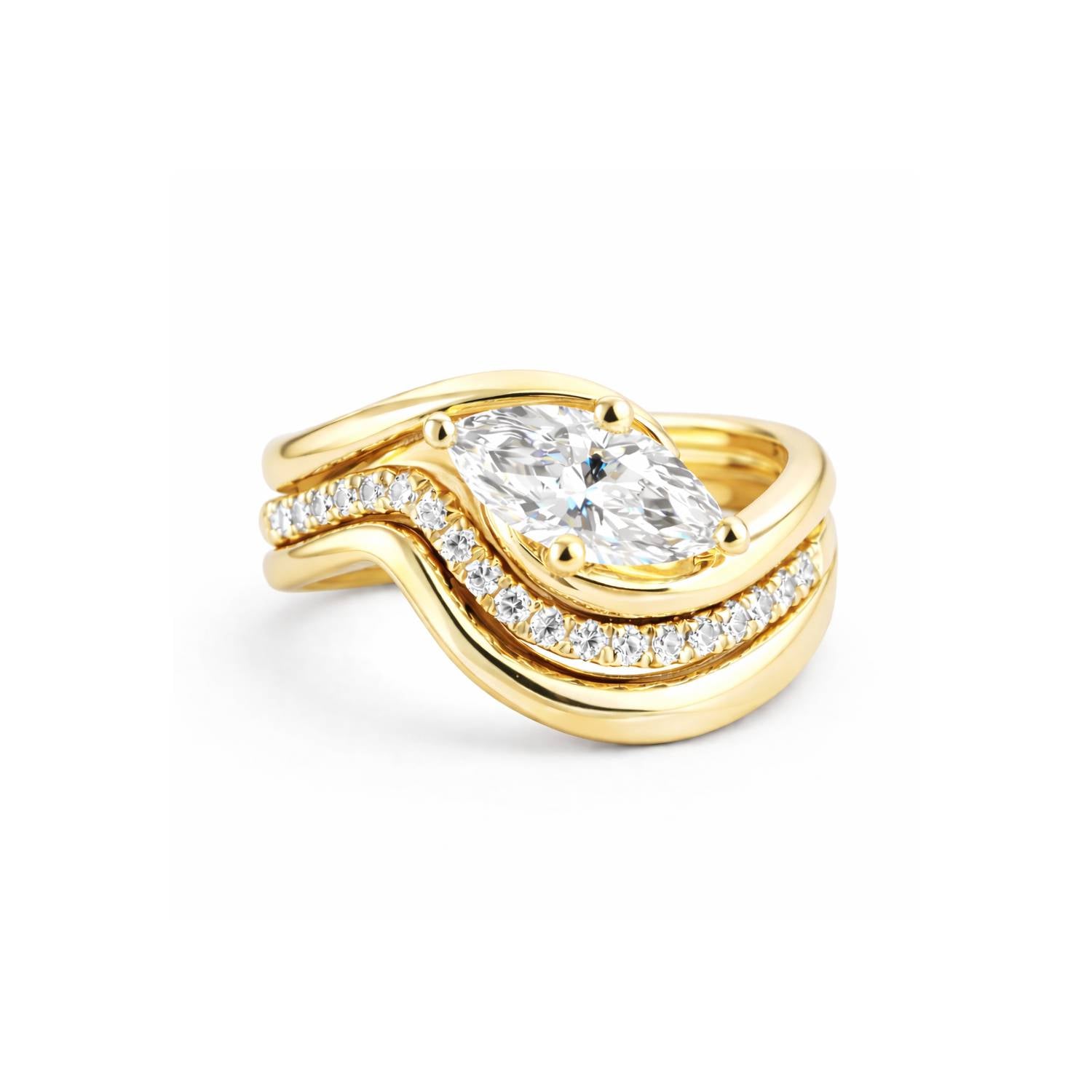 Curved moissanite stacking ring set front view in 18K gold plated sterling silver