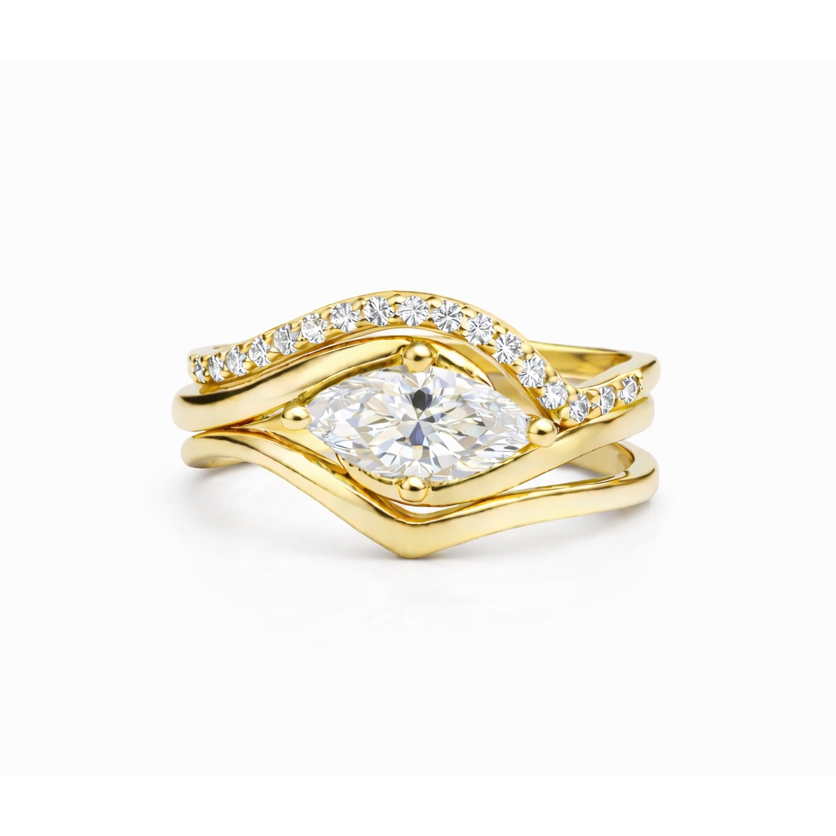 Curved moissanite stacking rings shown individually on white background