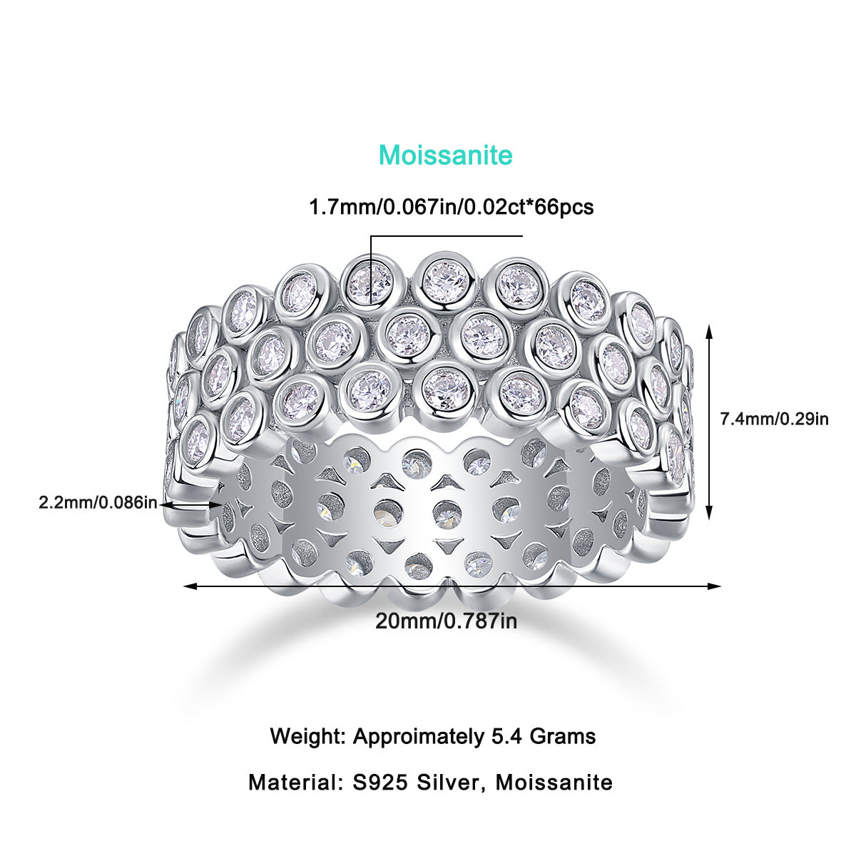 Detail view showing pavé setting, band width and material of dome moissanite ring in 18K gold plated sterling silver