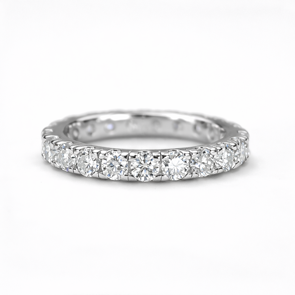 Flat front view of Elara moissanite eternity band ring in 18K gold plated sterling silver on clean white background