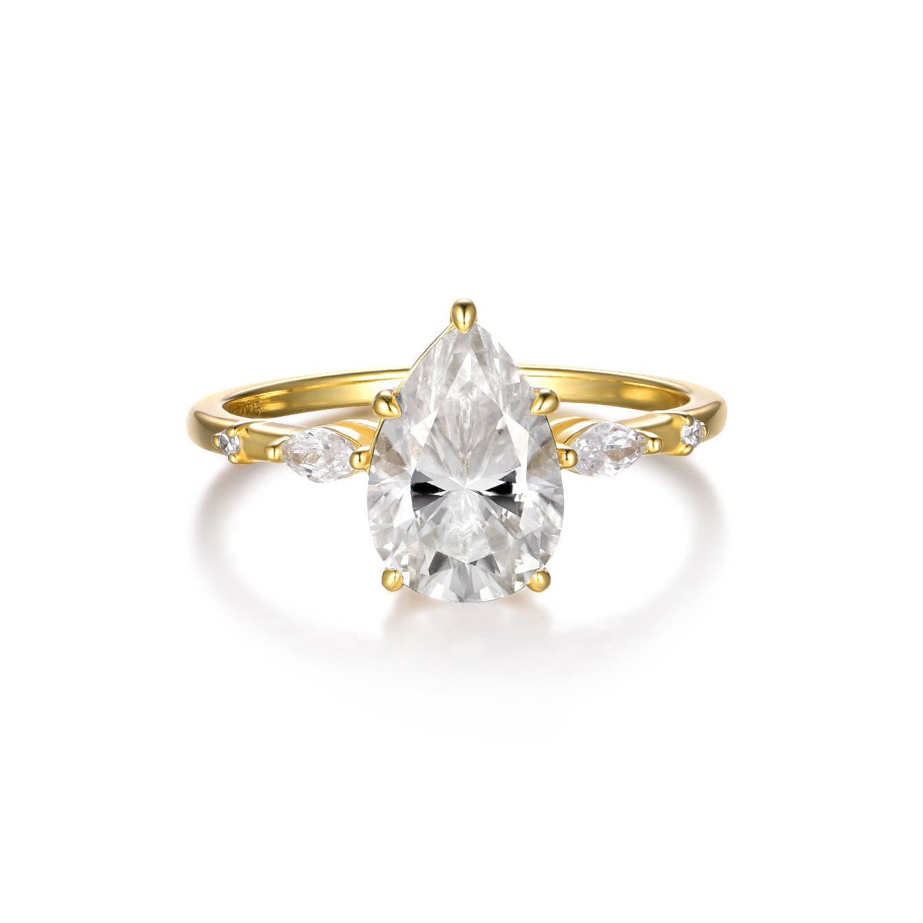 Elara pear moissanite ring angled view on white background