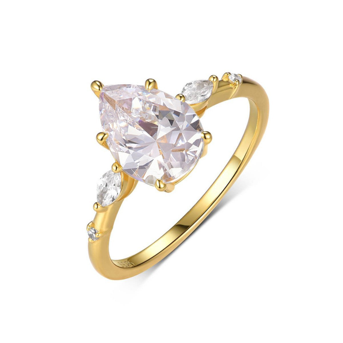 Elara pear moissanite ring angled view white gold plated