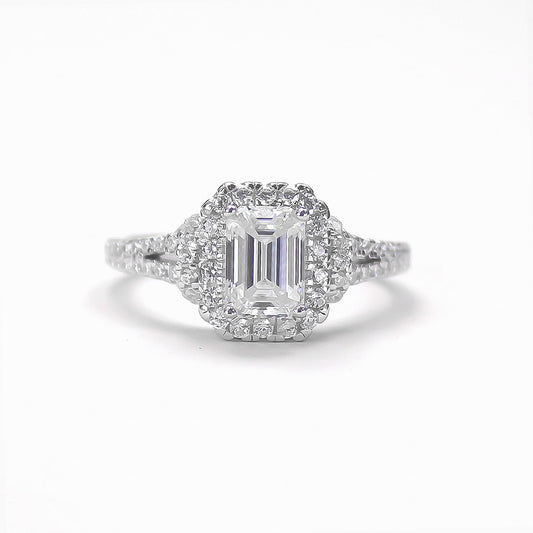 Emerald cut halo moissanite ring in 18K gold plated sterling silver, front view on white background