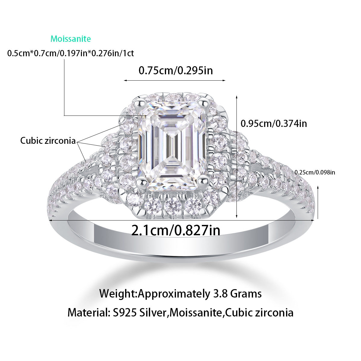Detail of emerald cut halo moissanite ring showing stone setting and dimensions, 18K gold plated sterling silver